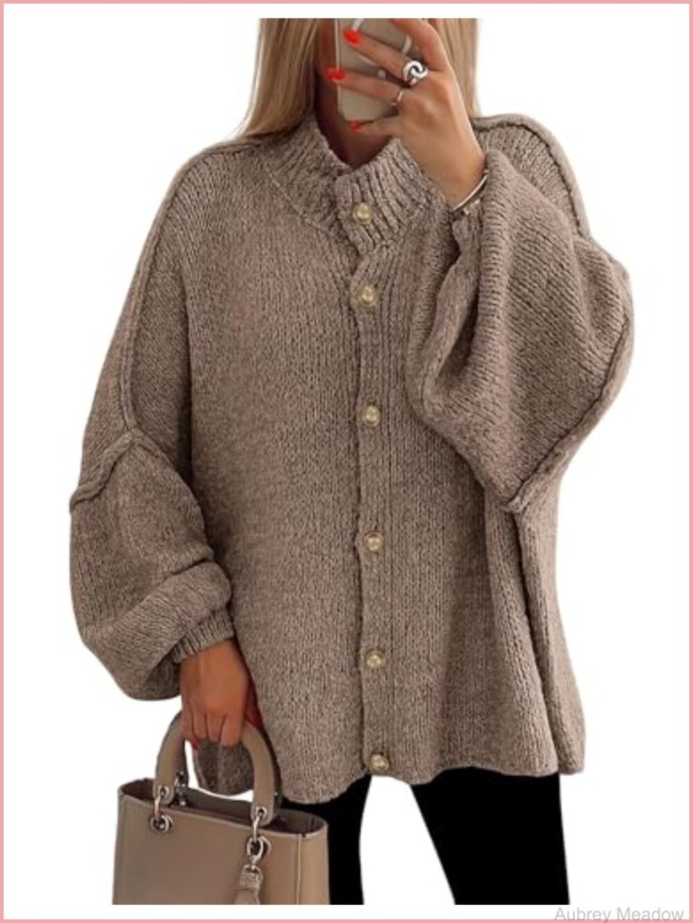 Chunky Knit Cardigan Sweater - Oversized Button Down Mock Neck Long Sleeve